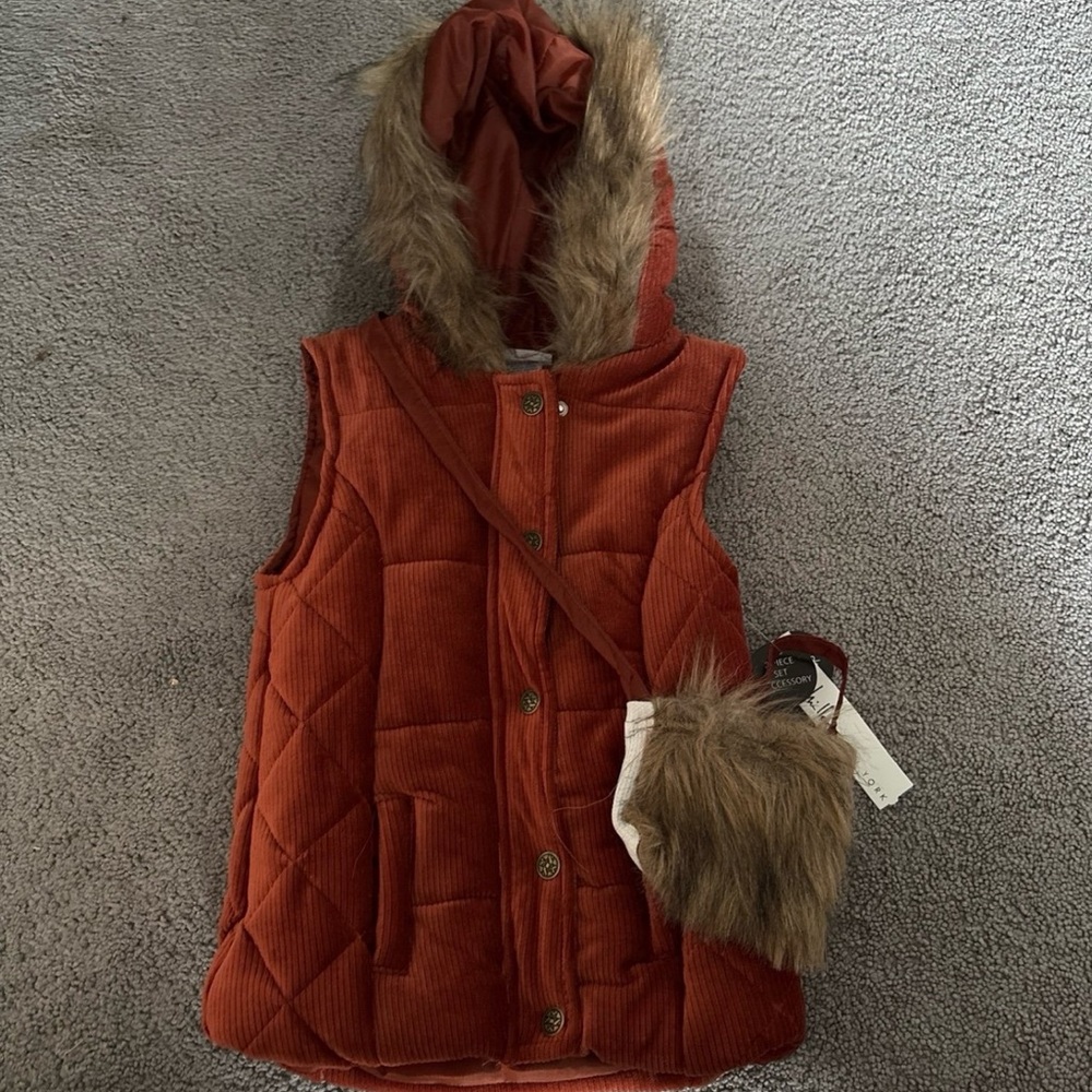 Nicole Miller Rust Quilted Vest with Faux Fur Trim